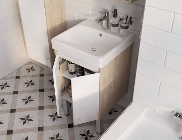 Тумба с раковиной Aquaton Сканди Doors 45 белый глянец, дуб верона